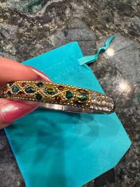 Gold-Tone Bangle Bracelet with Green and Amber Rhinestones